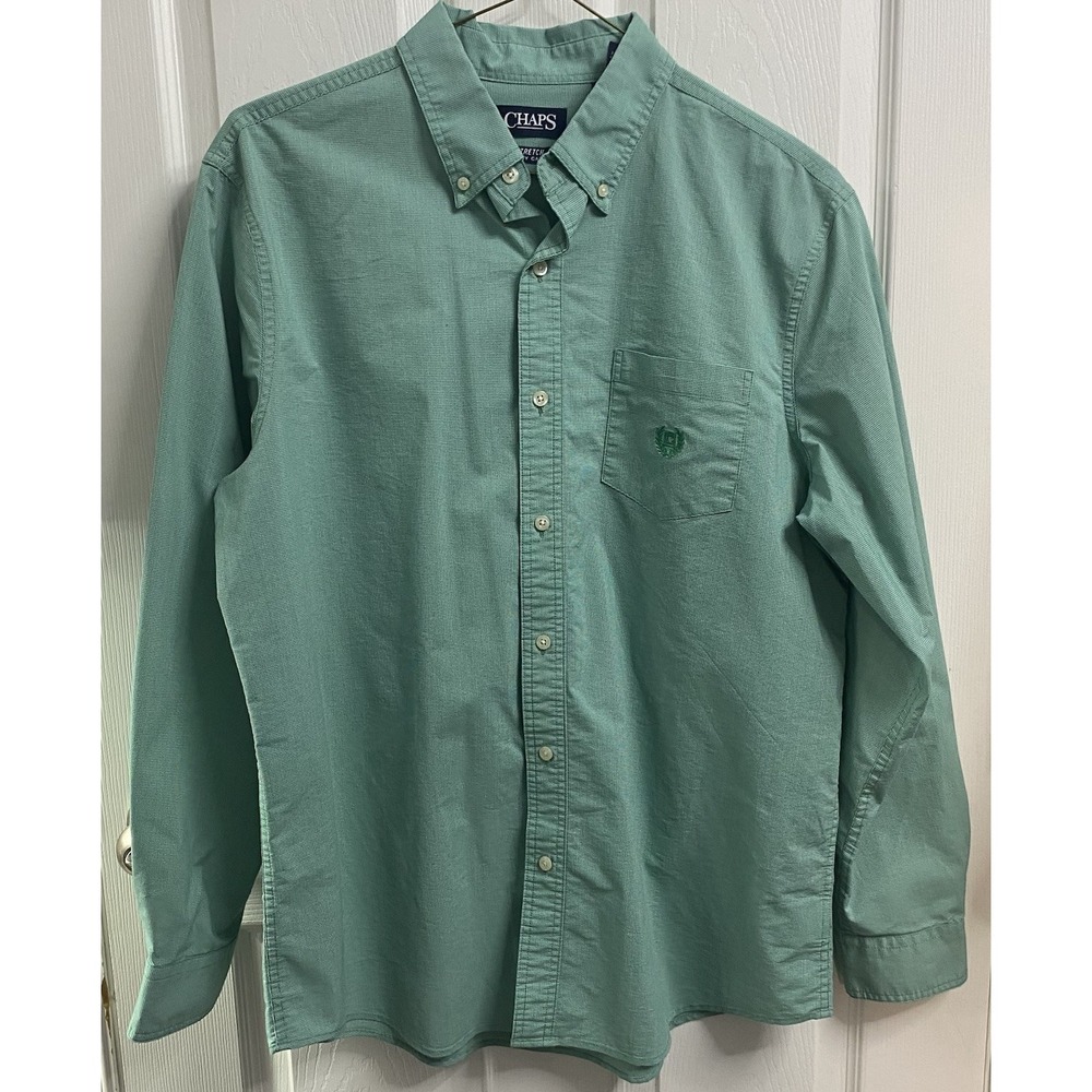 Chaps Men Button Up Stretch Easy Care Long Sleeve Dress Shirt Green/White L-EUC